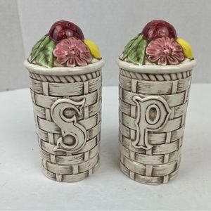Vintage ceramic salt & pepper woven wicker & fruit/flower